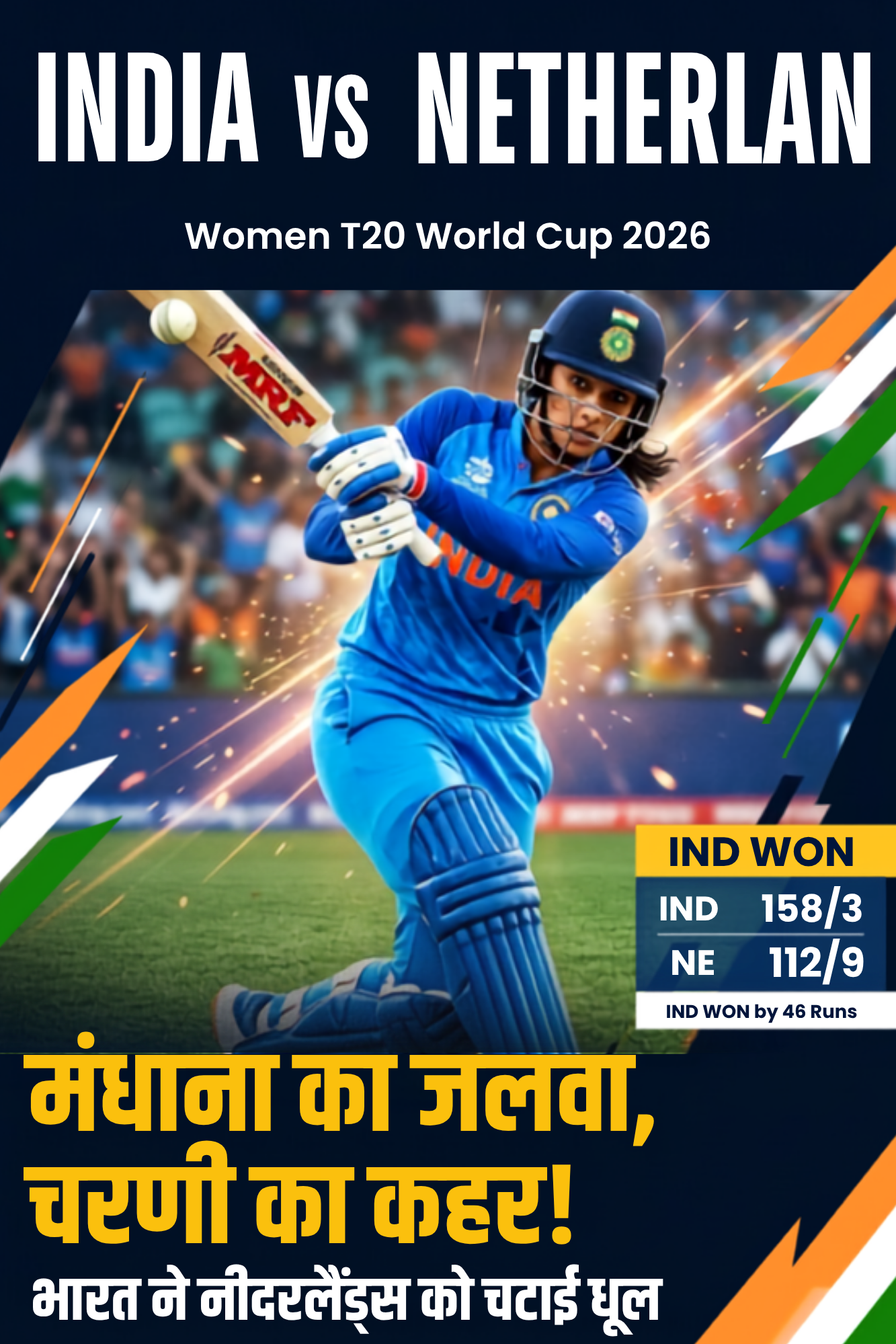 India vs Netherlands Women T20 World Cup 2026:मंधाना का जलवा, चरणी का कहर! भारत ने नीदरलैंड्स को चटाई धूल |